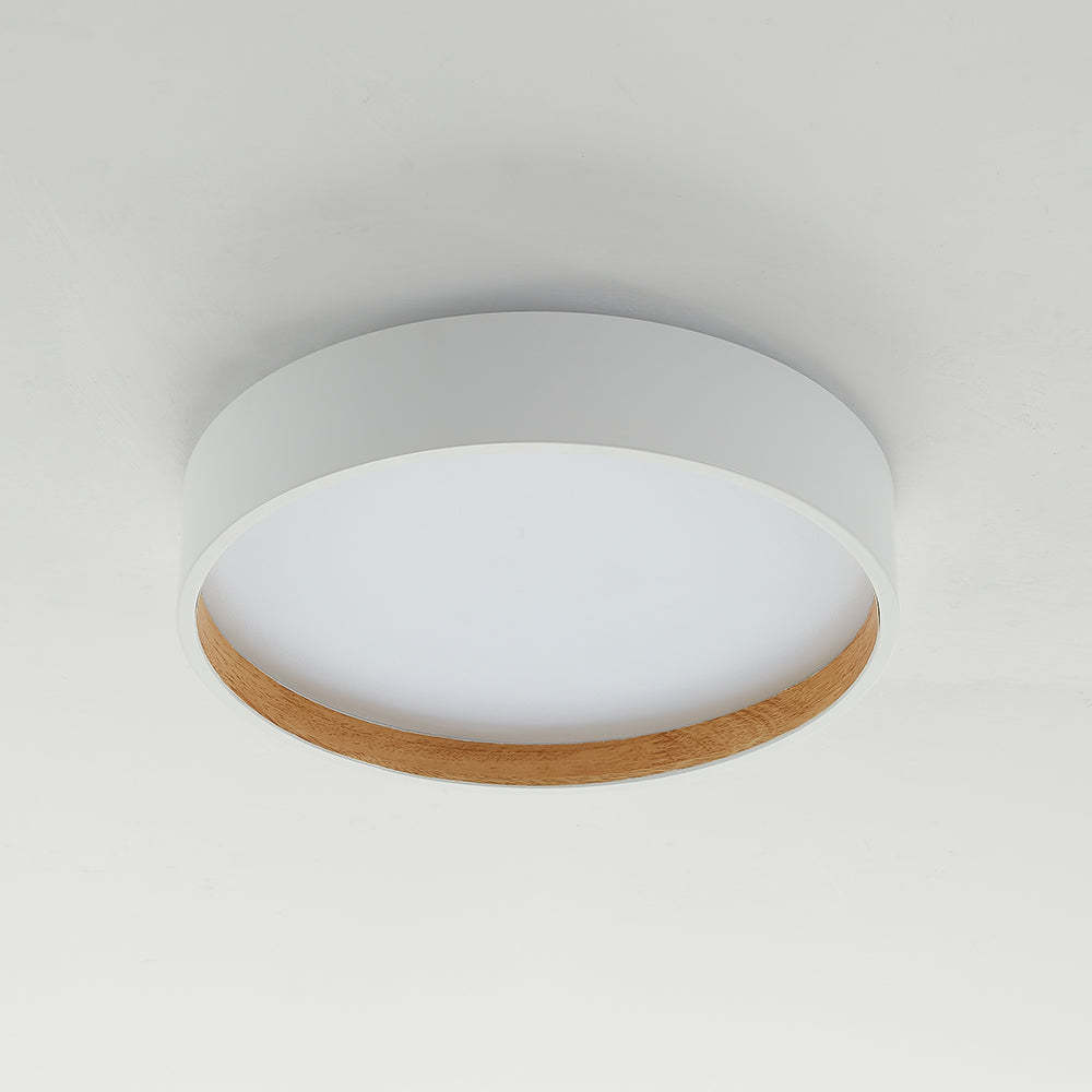 Quinn Modern Round Flush Mount Ceiling Light - White and wood grain