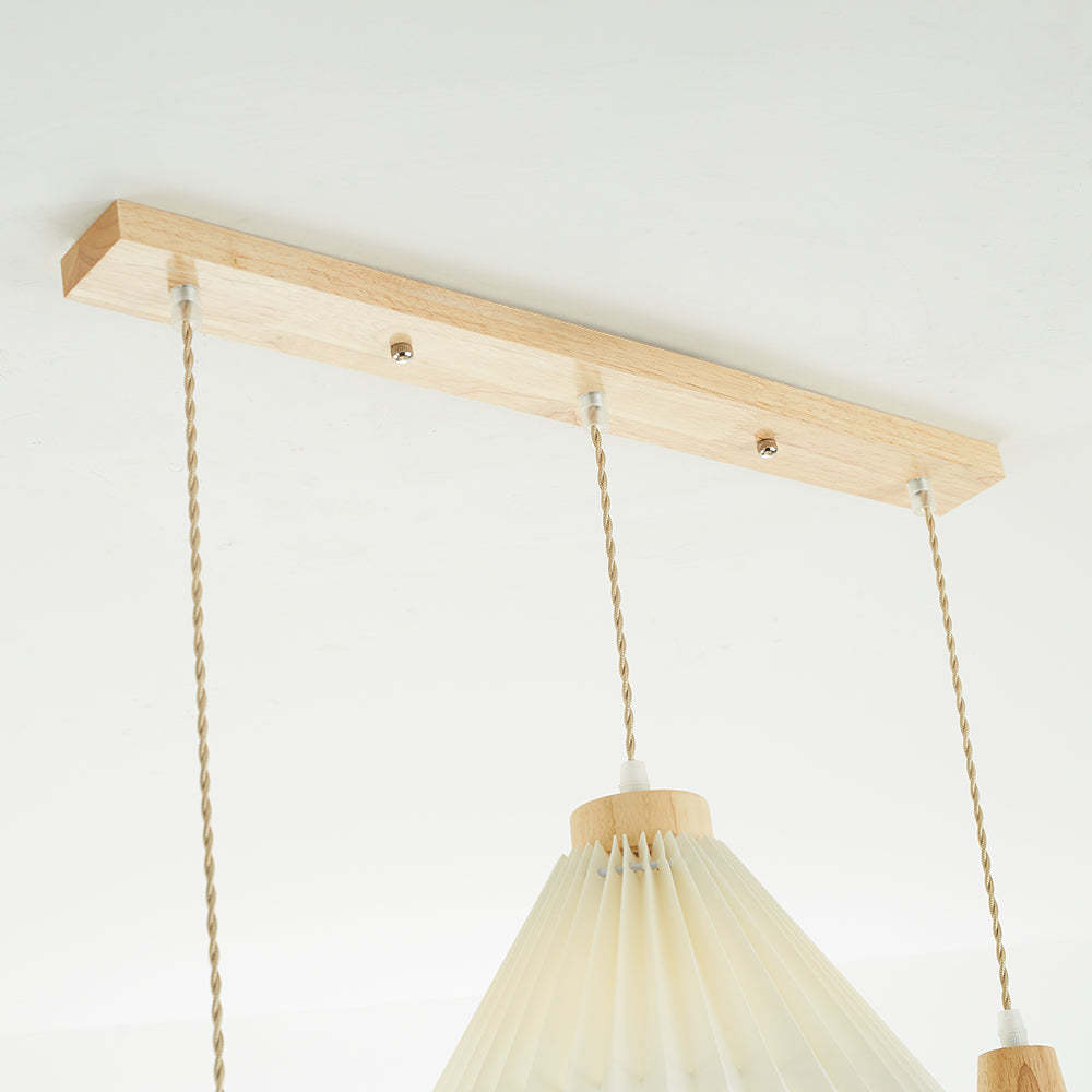 Ozawa 3-light pendant. Wood base, origami shades. Las Sola.