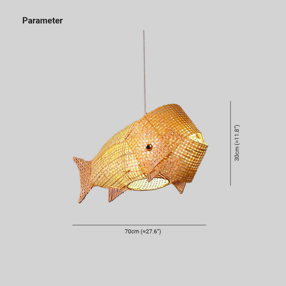 Muto Rattan Fish Pendant Light dimensions. Art Deco lighting.
