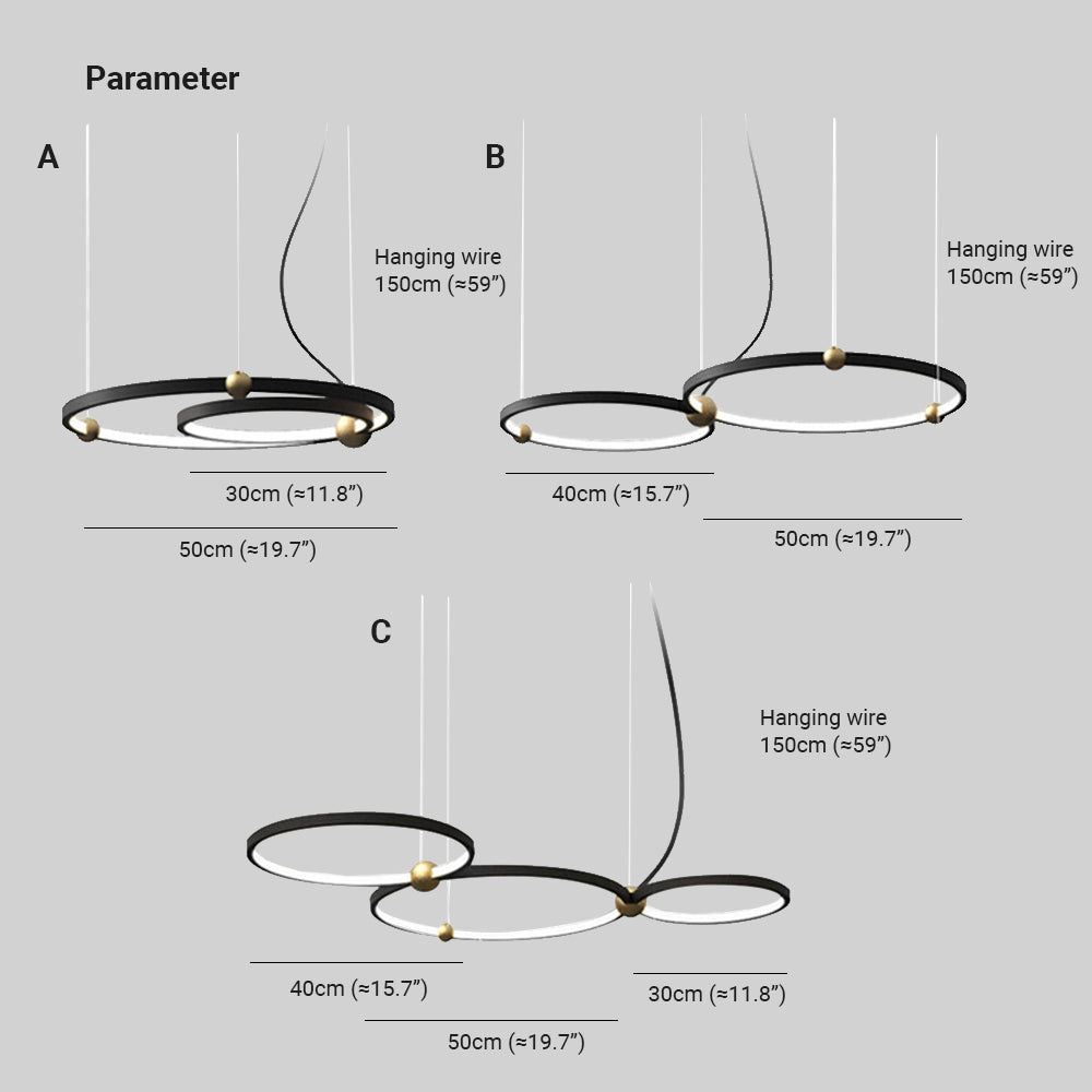 Arisha ring pendant light dimensions: 30-50cm diameter.