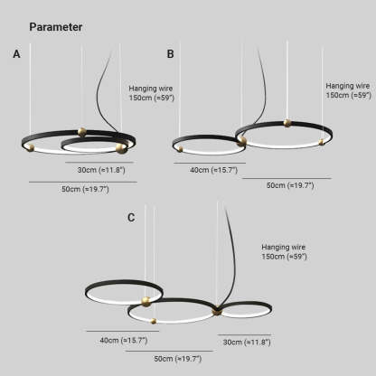 Arisha ring pendant light dimensions: 30-50cm diameter.