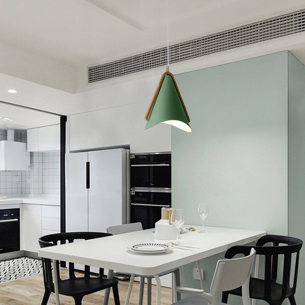 Green Morandi pendant light in modern kitchen. Cone lighting fixture.