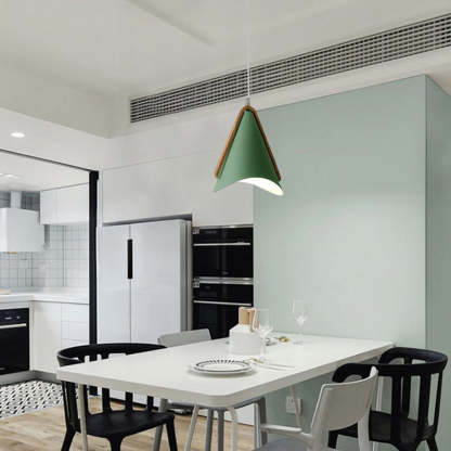 Green Morandi pendant light in modern kitchen. Cone lighting fixture.