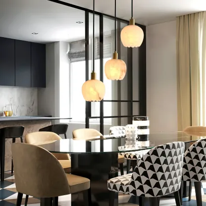 Modern dining room with Ozawa pendant lights, alabaster shade