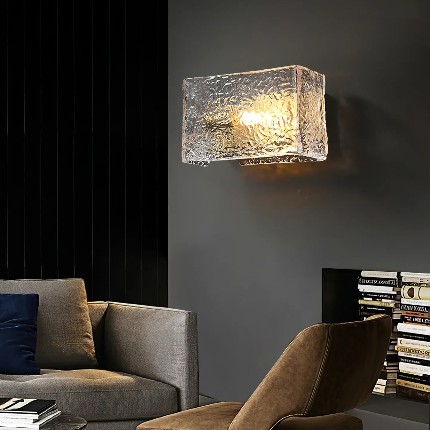 Modern glass wall lamp illuminating living room
