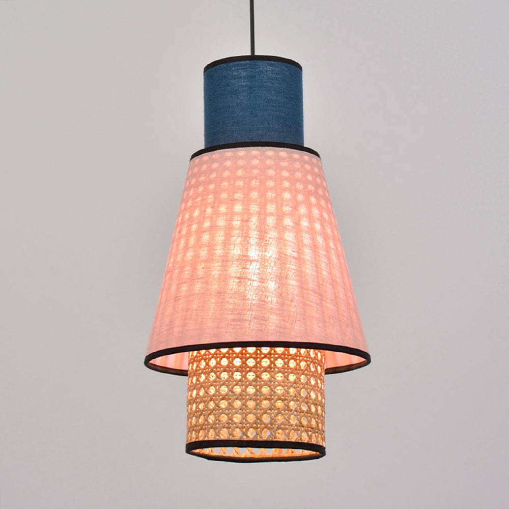 Ritta fabric and rattan pendant light, cylindrical design.