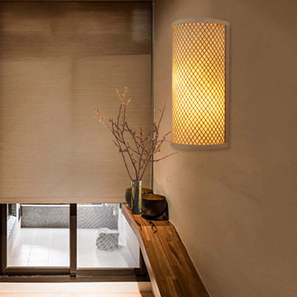 Rattan wall lamp, Muto LED bedside light in bedroom.