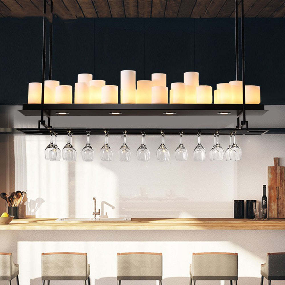 Candle pendant light with wine rack. Kitchen island lighting.