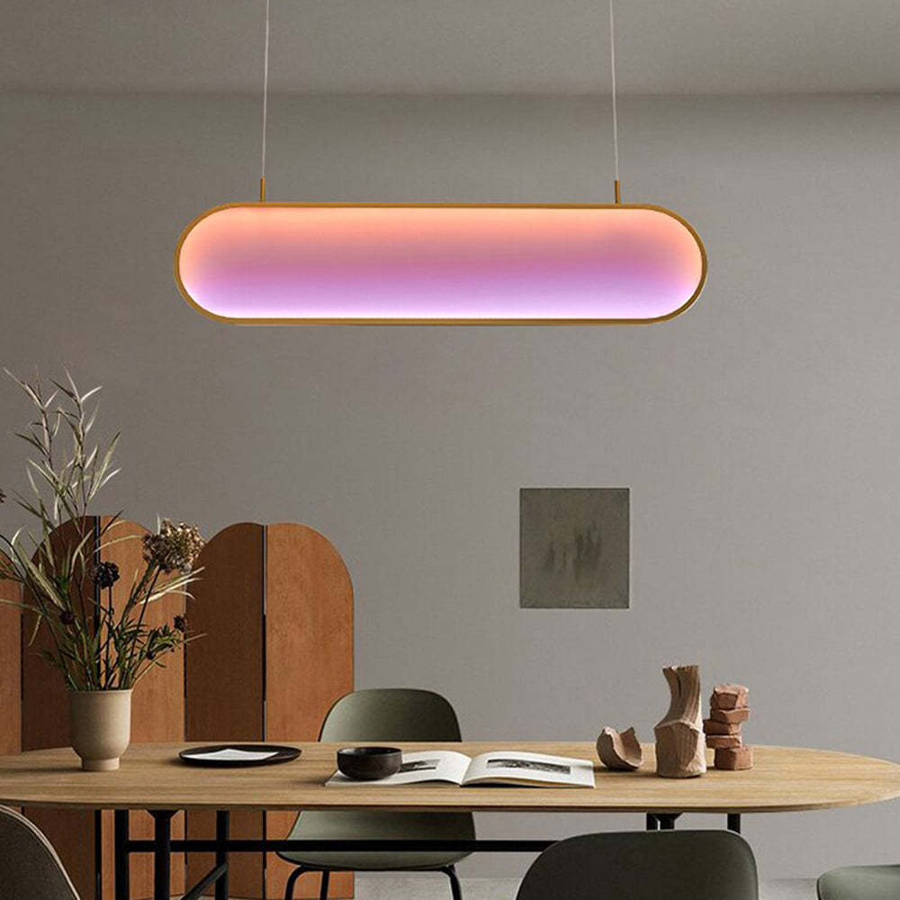 Color-changing Morandi pendant light above dining table