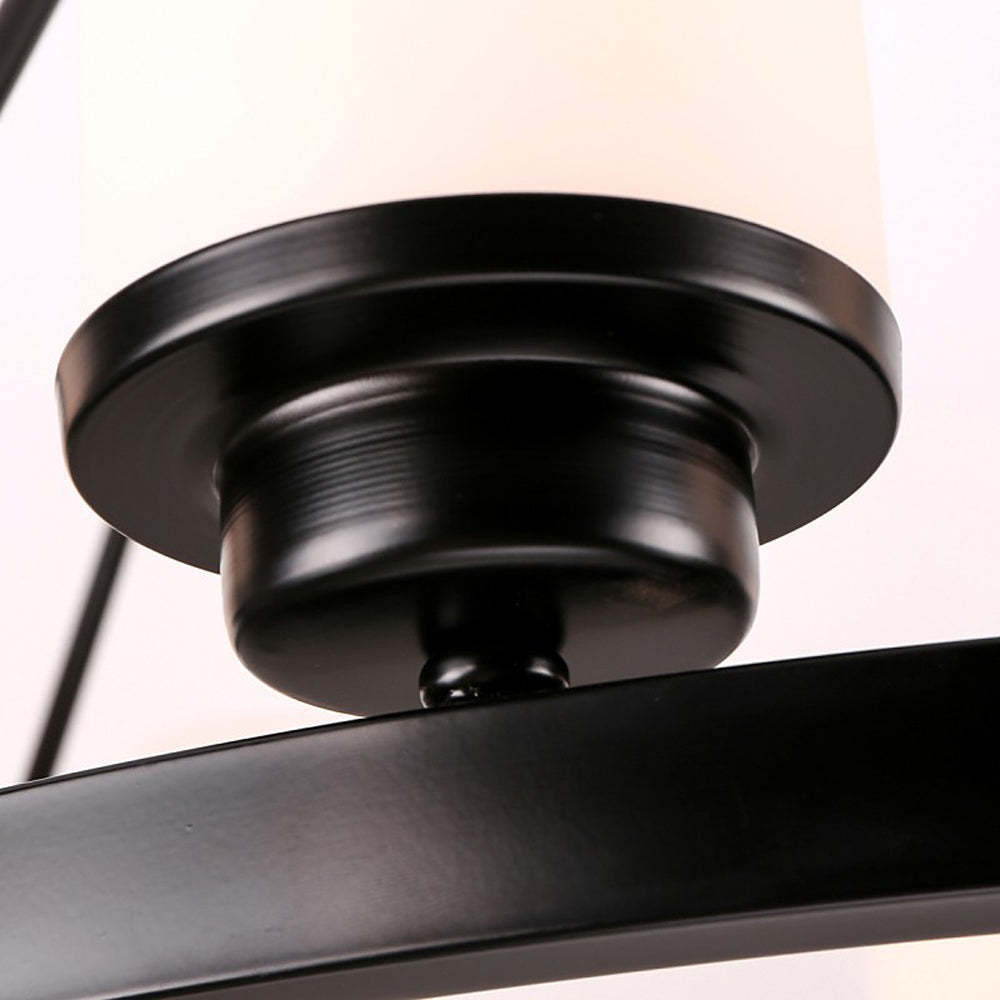Close-up of Alessio chandelier's black metal and glass shade. Alessio Retro Metal Glass Chandelier for Living Room