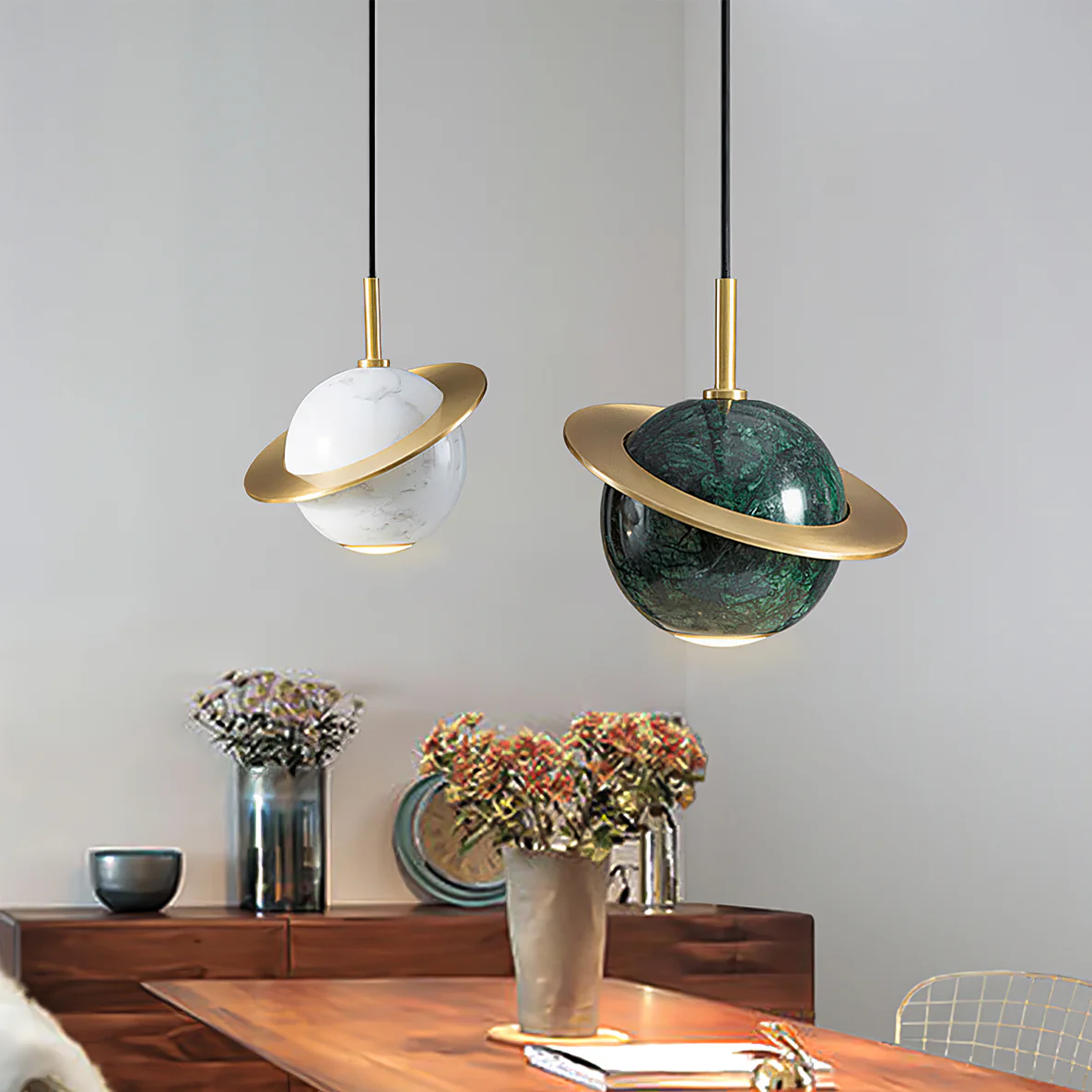 Modern sphere marble pendant lights in dining room