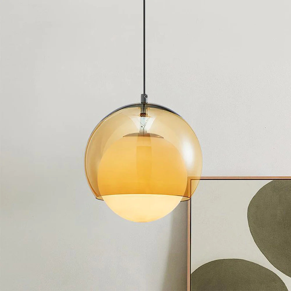 Valentina pendant light, amber glass globe, modern interior