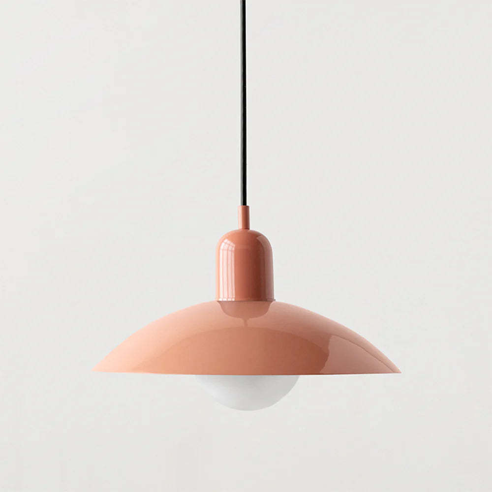 Morandi pendant light, soft coral color, metal dome design