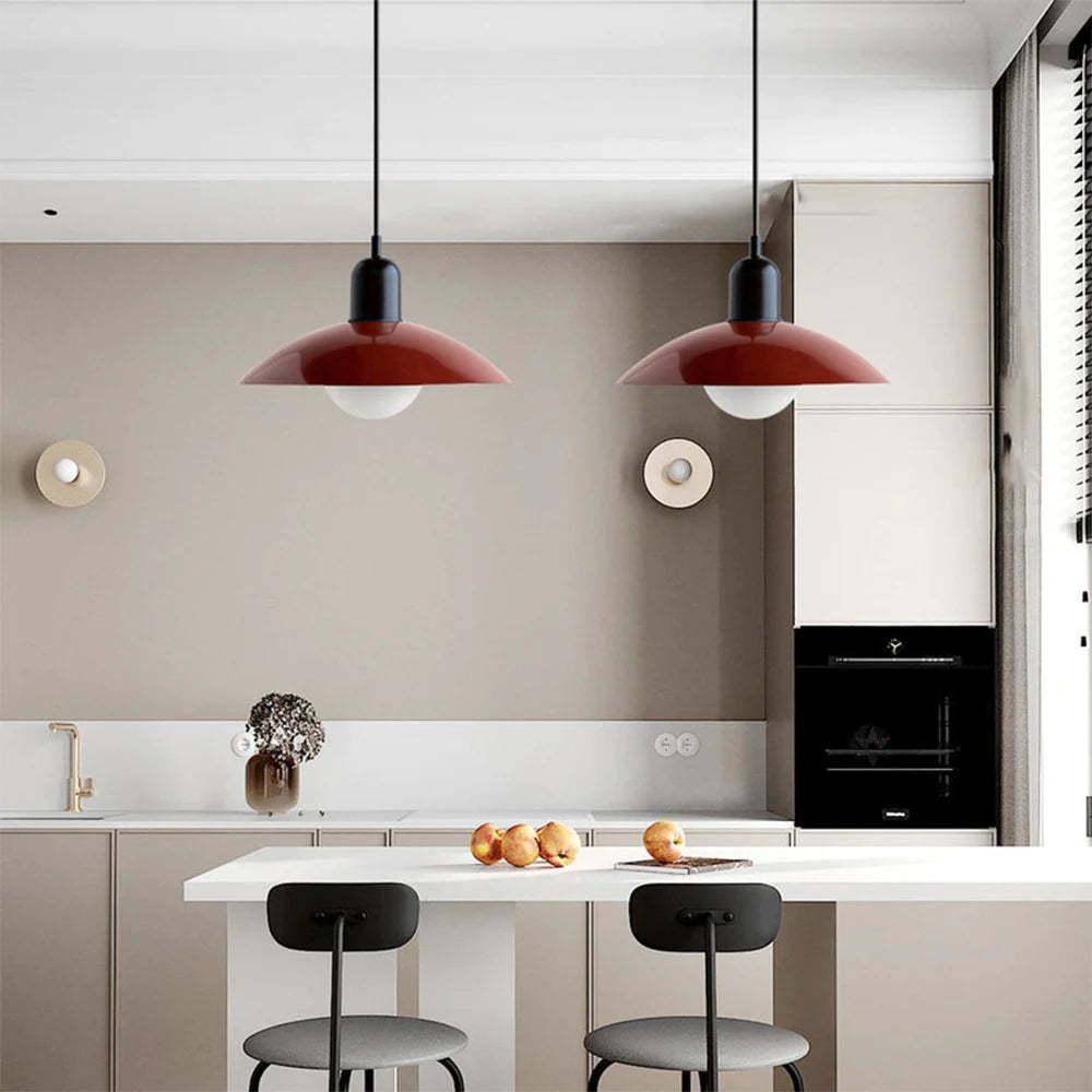 Modern red Morandi pendant lights over kitchen island