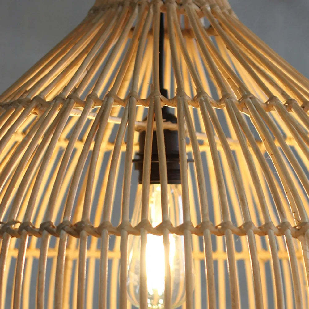 Close-up of Muto pendant light showing rattan detail and bulb