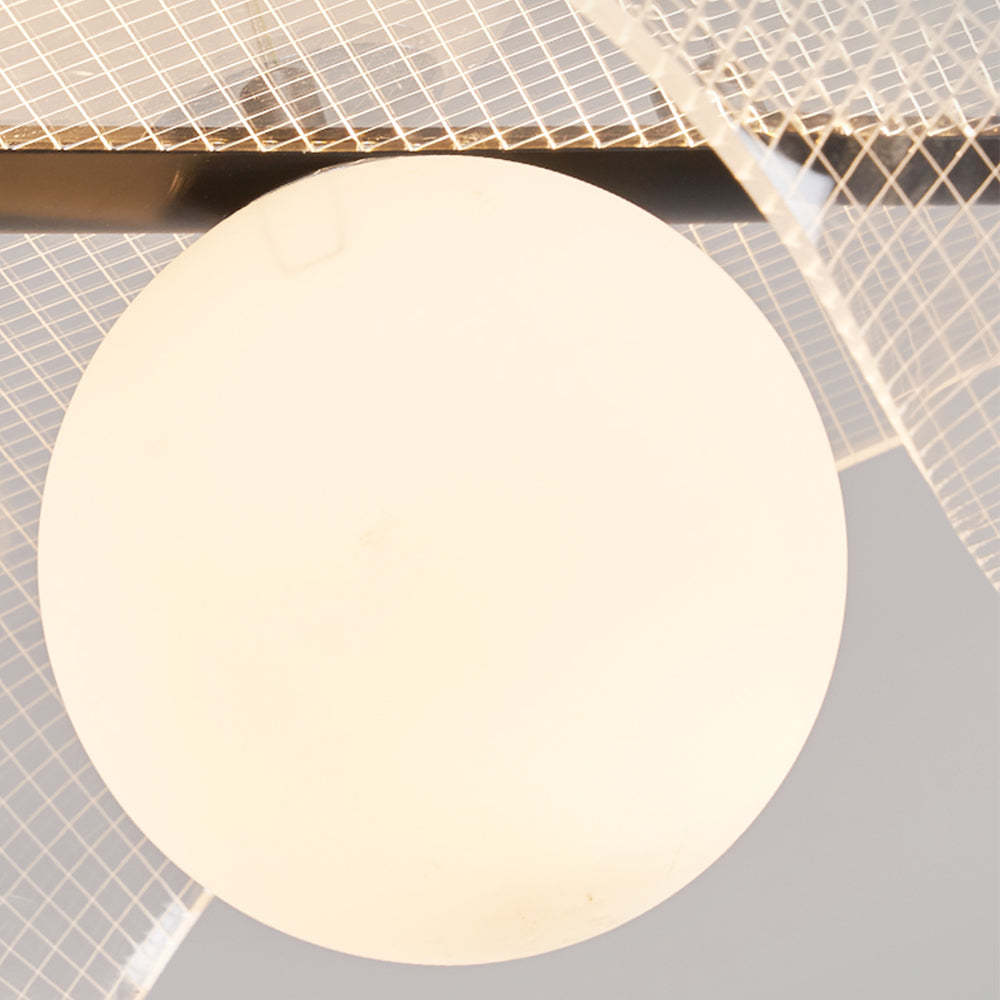 Close-up of Cairns pendant light, ball-shaped acrylic shade.