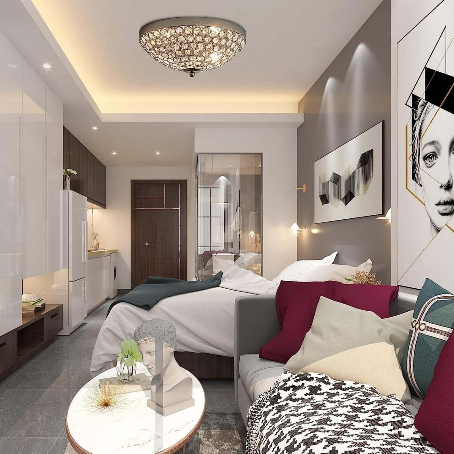 Kristy Crystal Flush Mount Ceiling Light in a bedroom