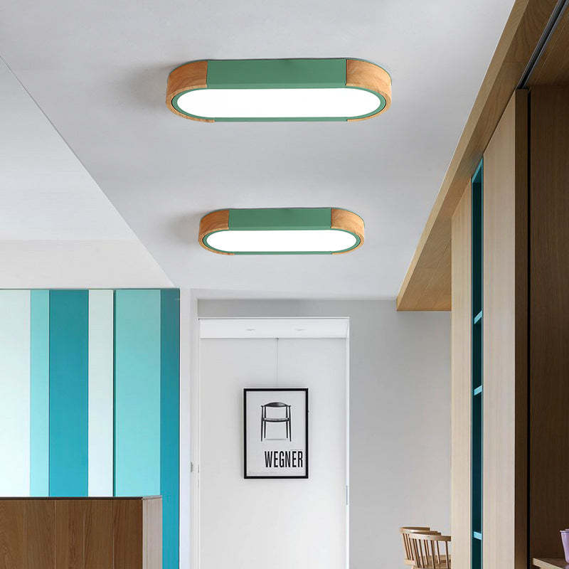 Hallway with green Morandi wood ceiling lights