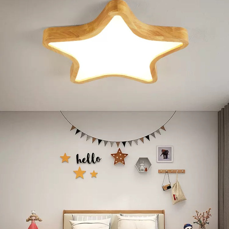 Star-shaped wooden ceiling light in bedroom