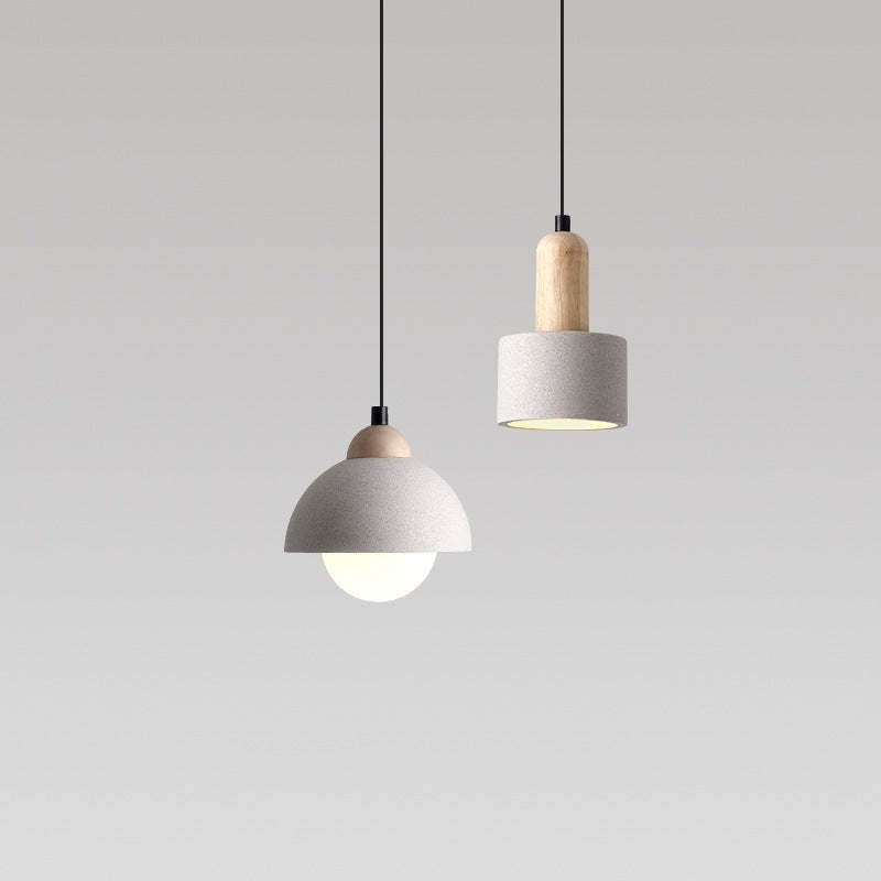 Ozawa Modern Pendant Lights - Cement and Wood with Glowing Bulbs
