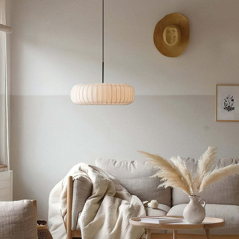 Renée Round Fabric Pendant Light in a cozy living room setting