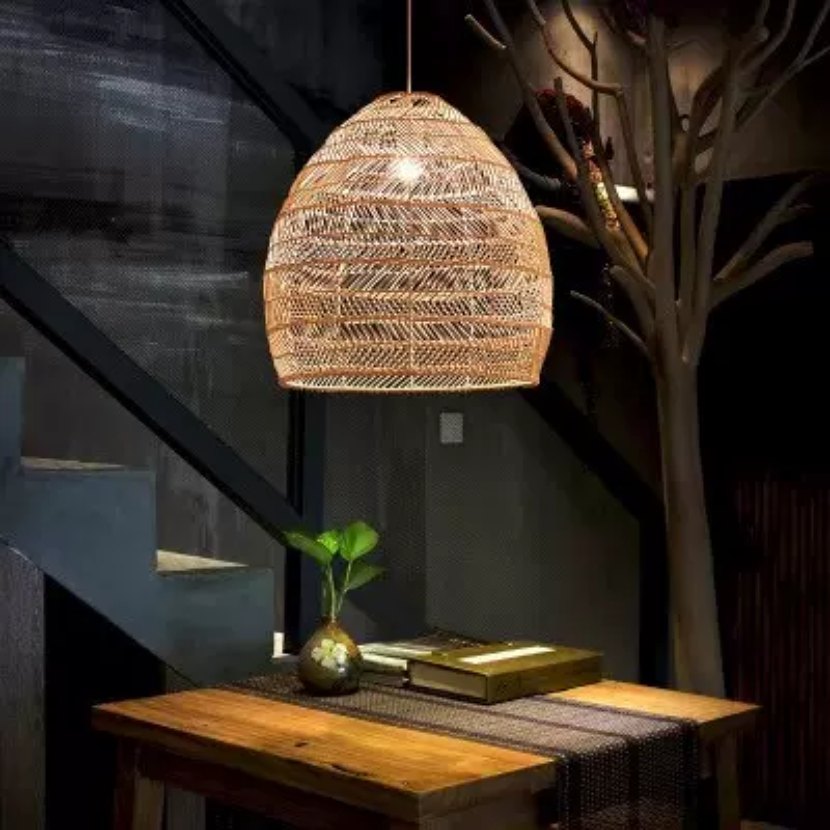 Muto Rattan Pendant Light in a Living Room Setting