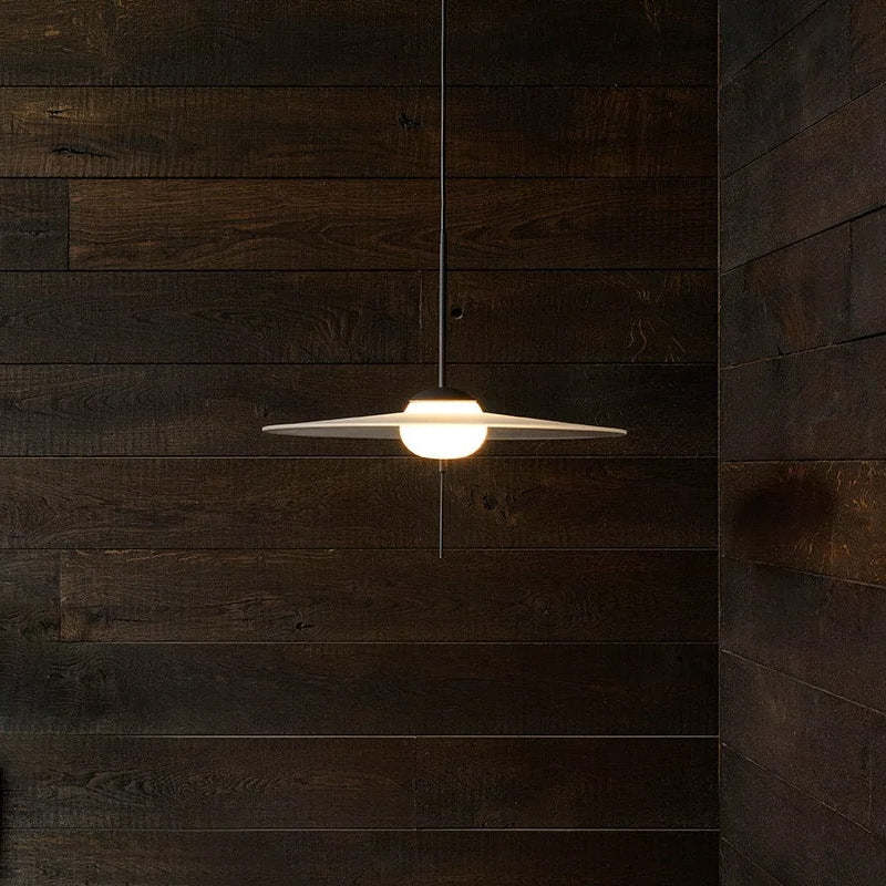 Cairns Modern Pendant Light over dark wood wall