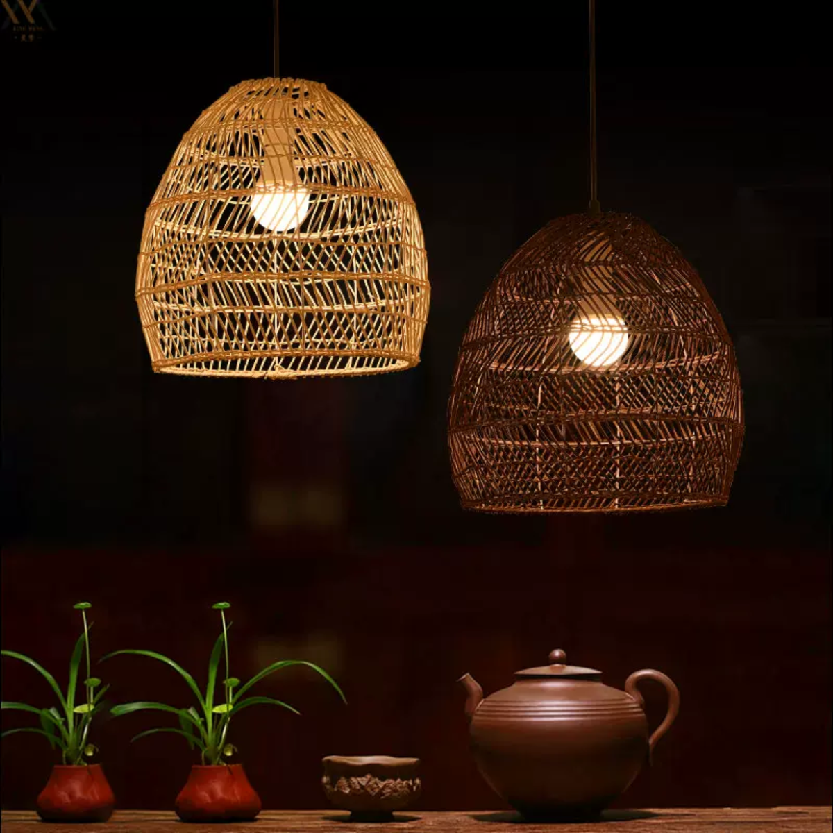 Muto Rattan Pendant Lights in a cozy setting
