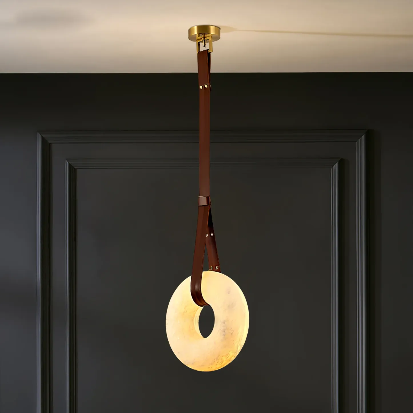 Jade Vintage Unusual Alabaster Leather Pendant Light Living Dining Room