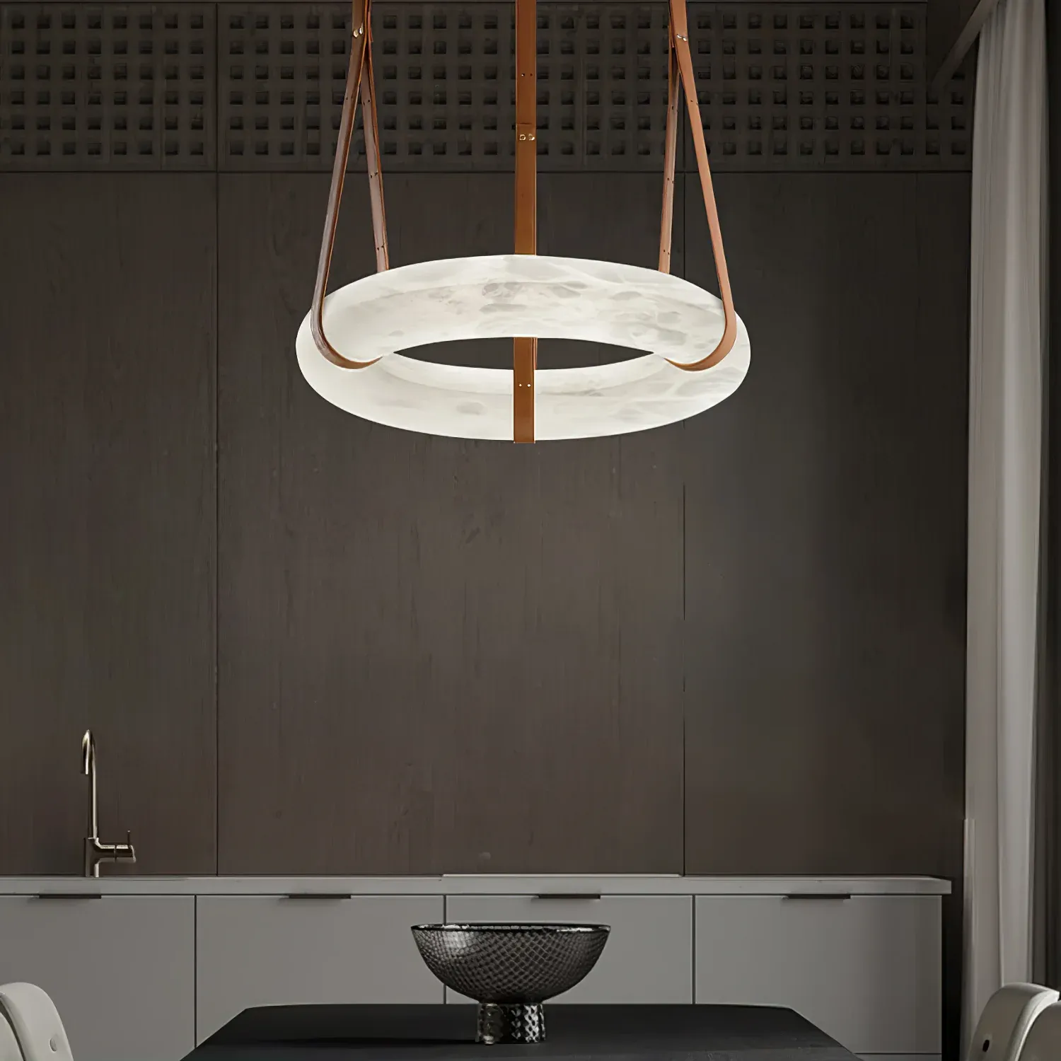 Jade Vintage Unusual Alabaster Leather Pendant Light Living Dining Room