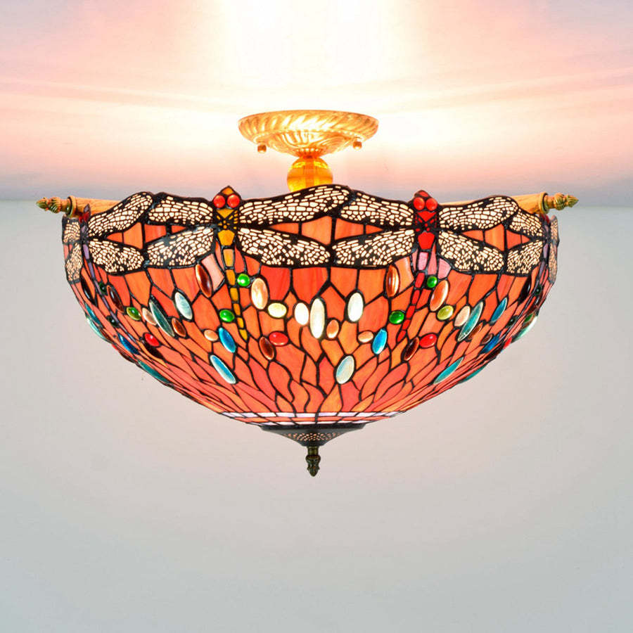Vintage stained glass dragonfly flush mount ceiling light