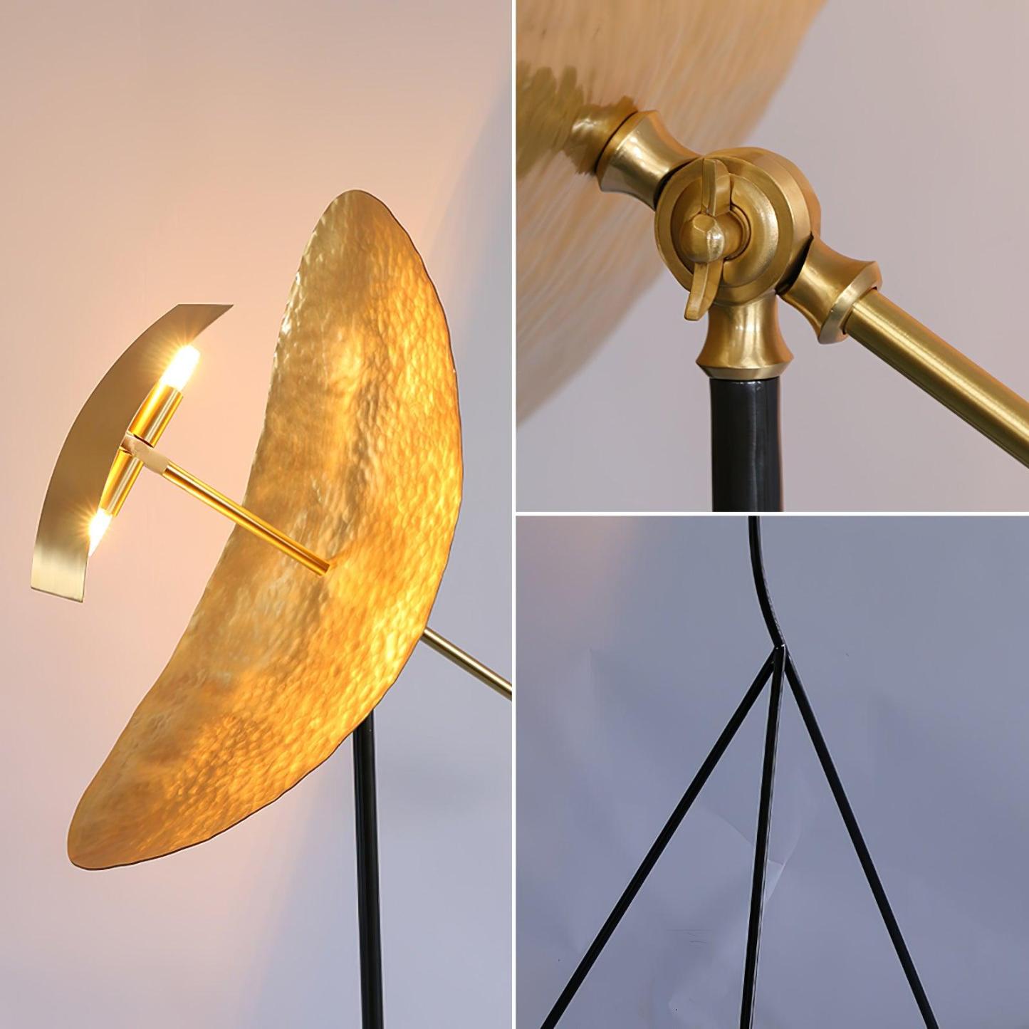 Close-up Salgado floor lamp details, metal shade and tripod