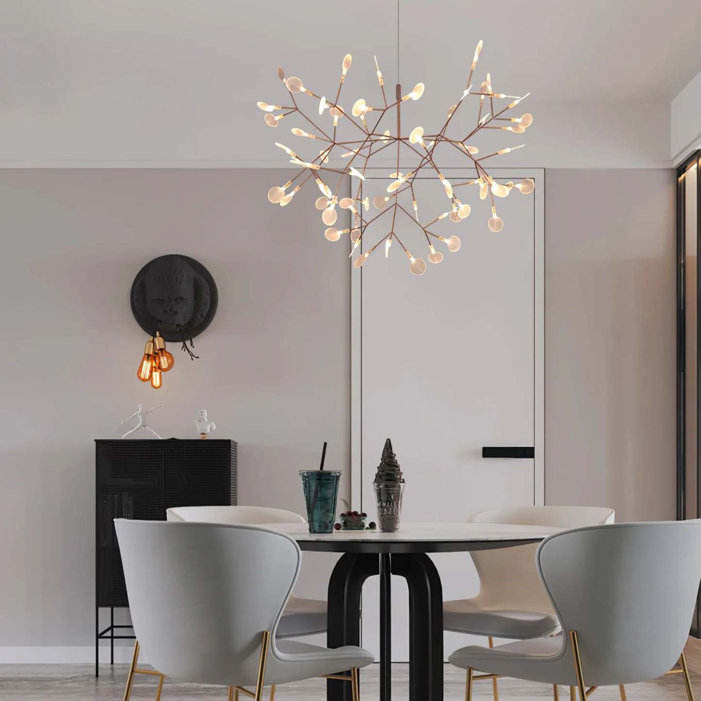 Modern chandelier in living room, Olivia Sputnik design