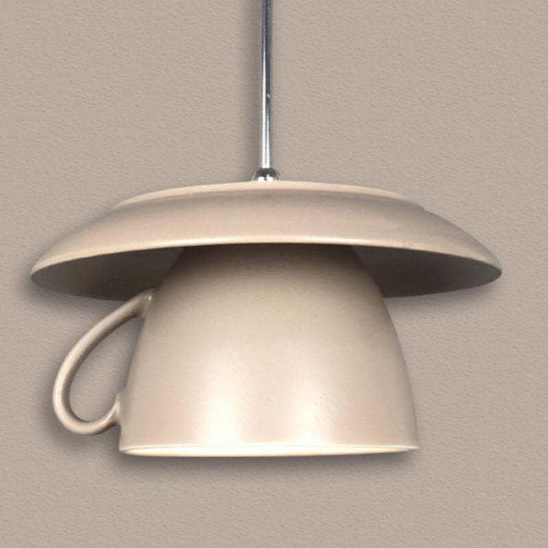 Beige ceramic teacup pendant light fixture