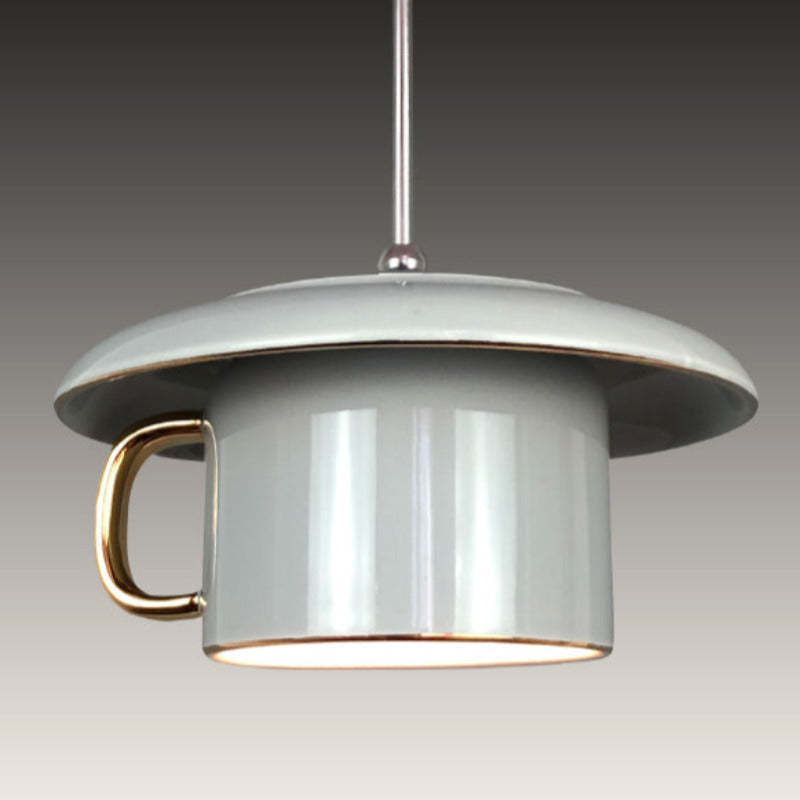 Grey ceramic teacup pendant light with gold handle