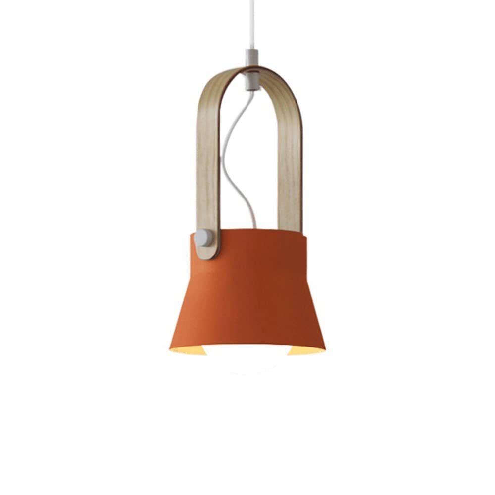 Orange metal pendant light with wood accent