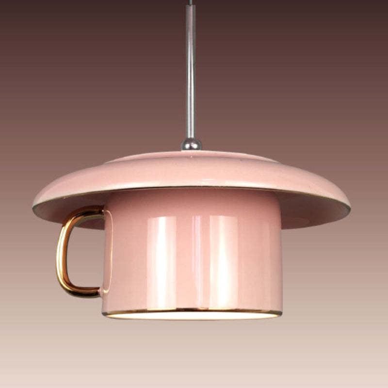 Pink Hailie Urban Cup Ceramic Pendant Light with gold handle