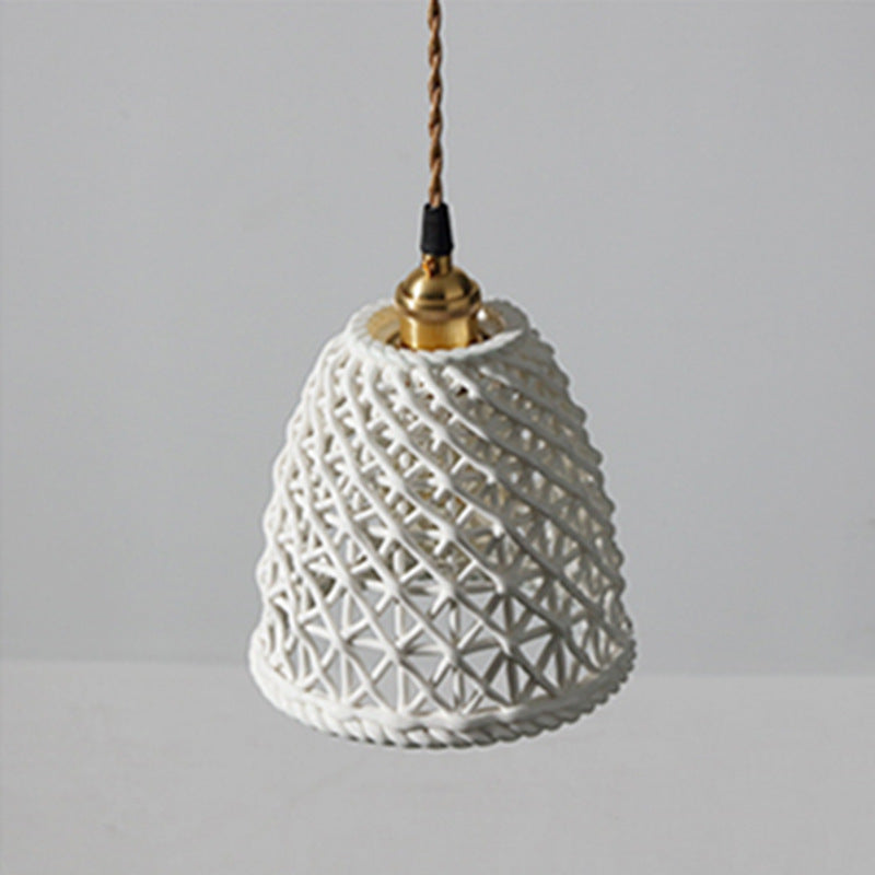 White ceramic Hailie pendant light with intricate woven design