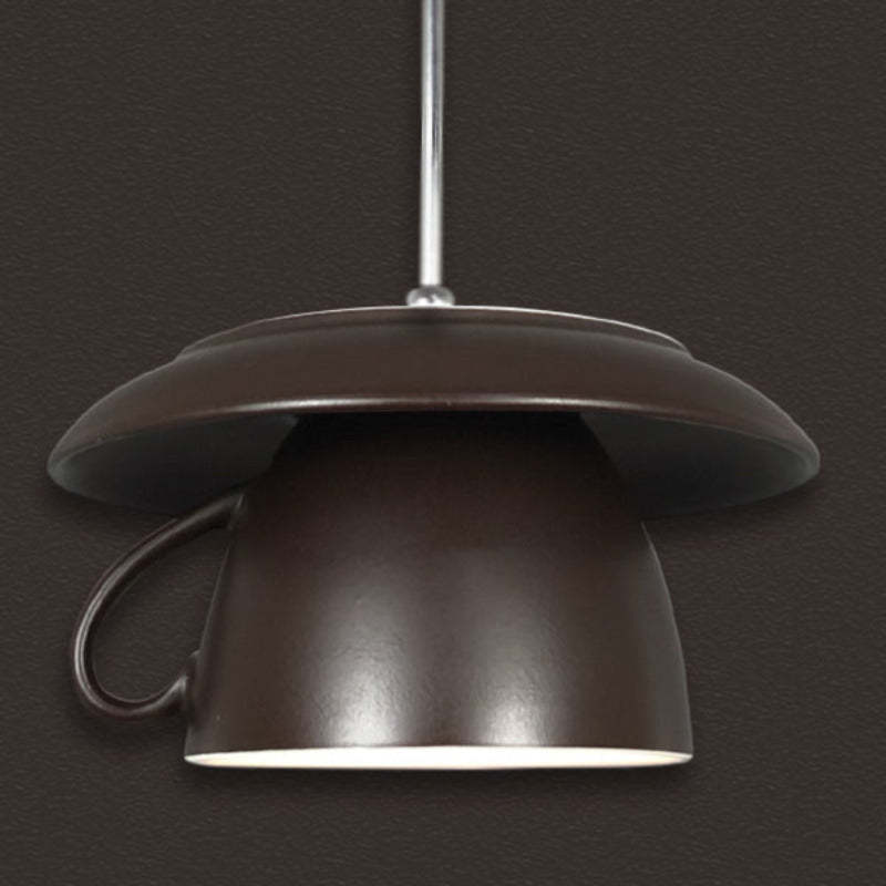 Brown ceramic teacup pendant light