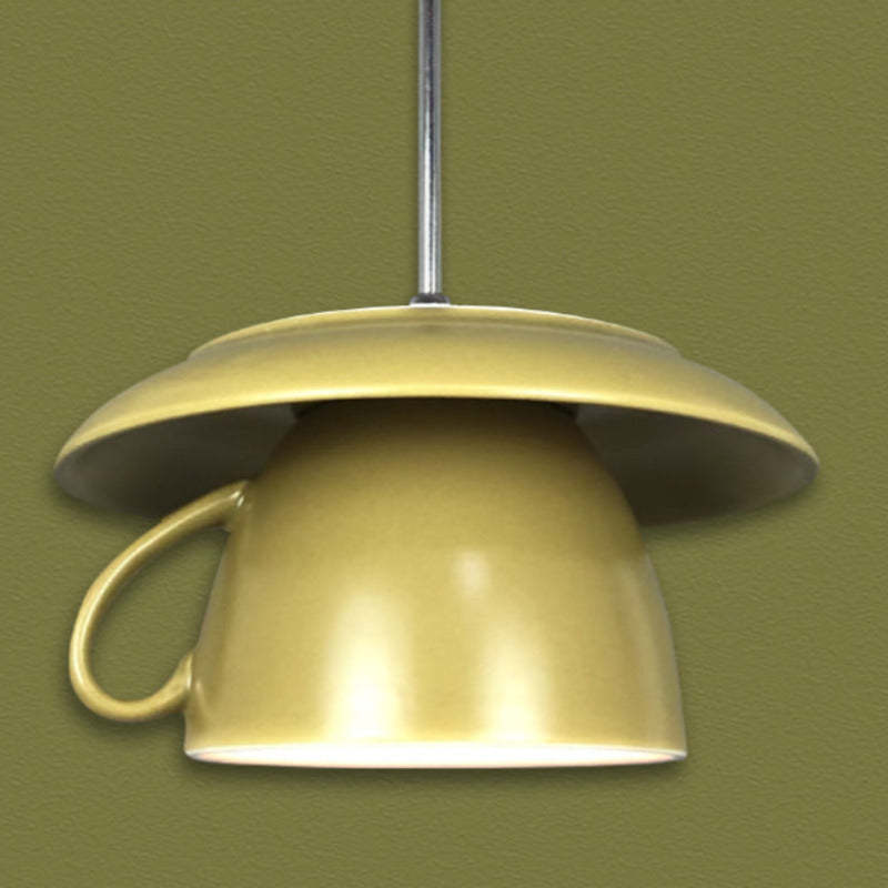 Yellow ceramic teacup pendant light, bedroom lighting