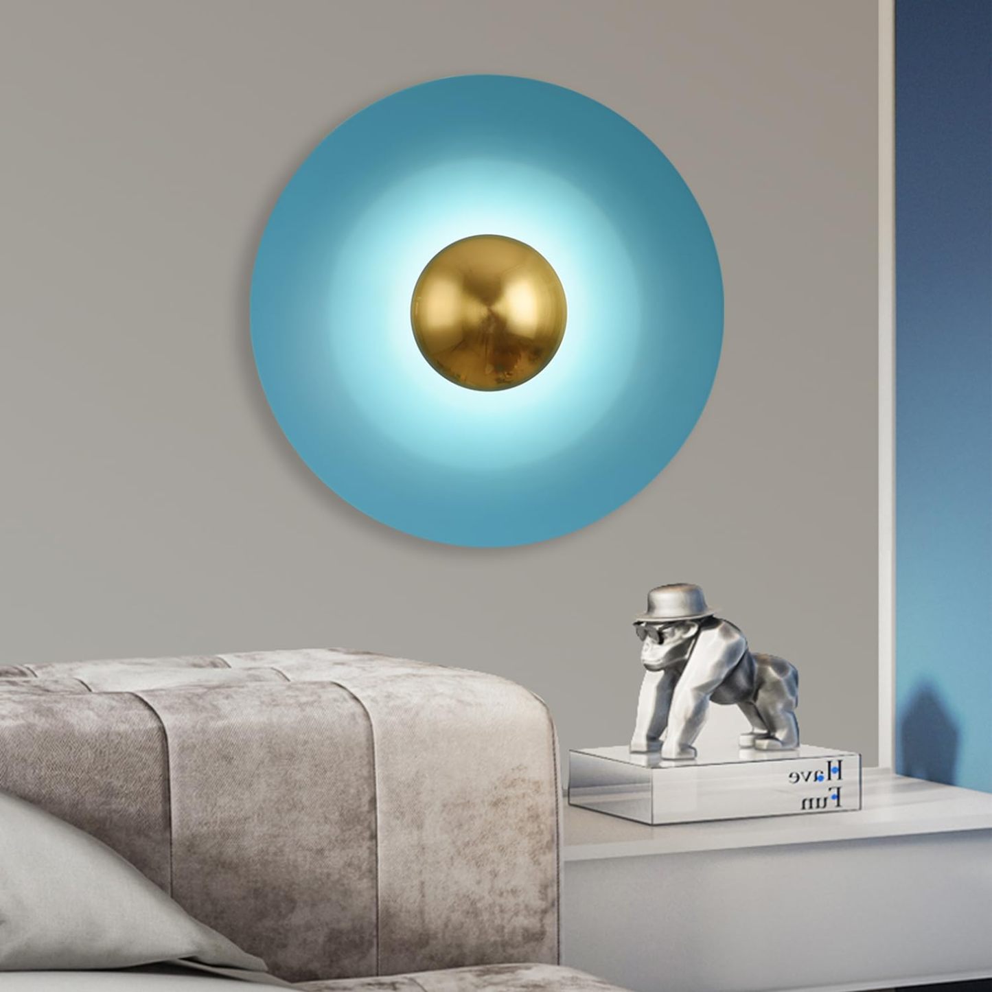 Blue and Gold Wall Lamp in Modern Bedroom with decor and gorilla sculpture