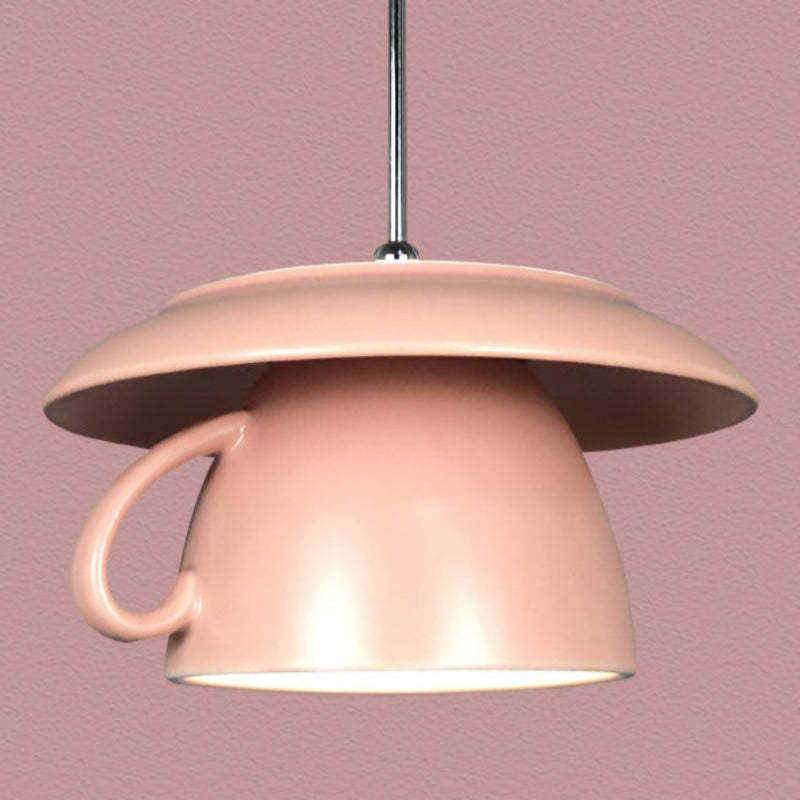 Pink ceramic teacup pendant light fixture