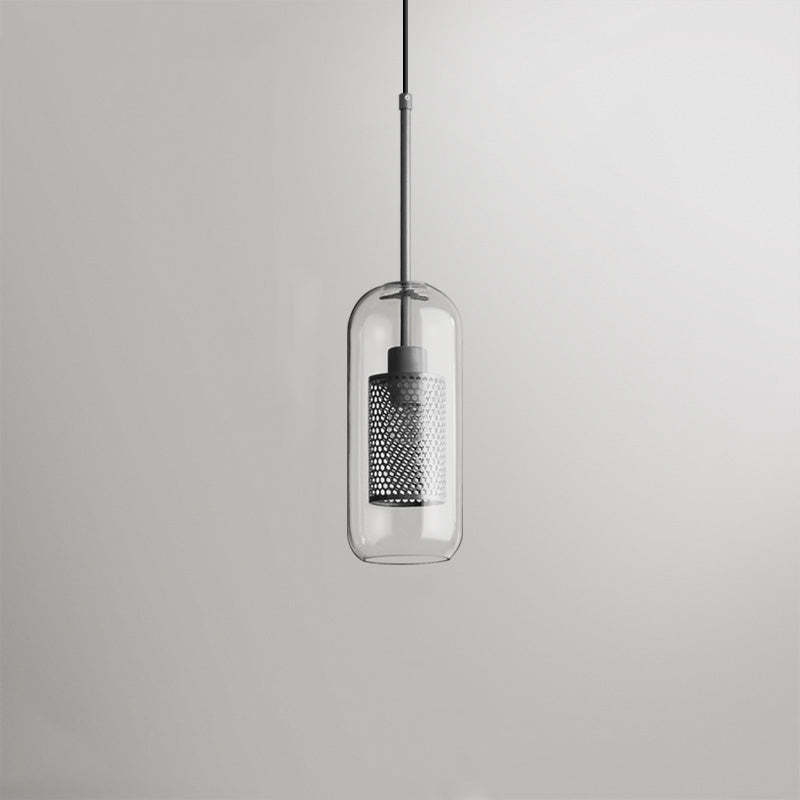 Modern glass pendant light, metal shade, cylindrical design