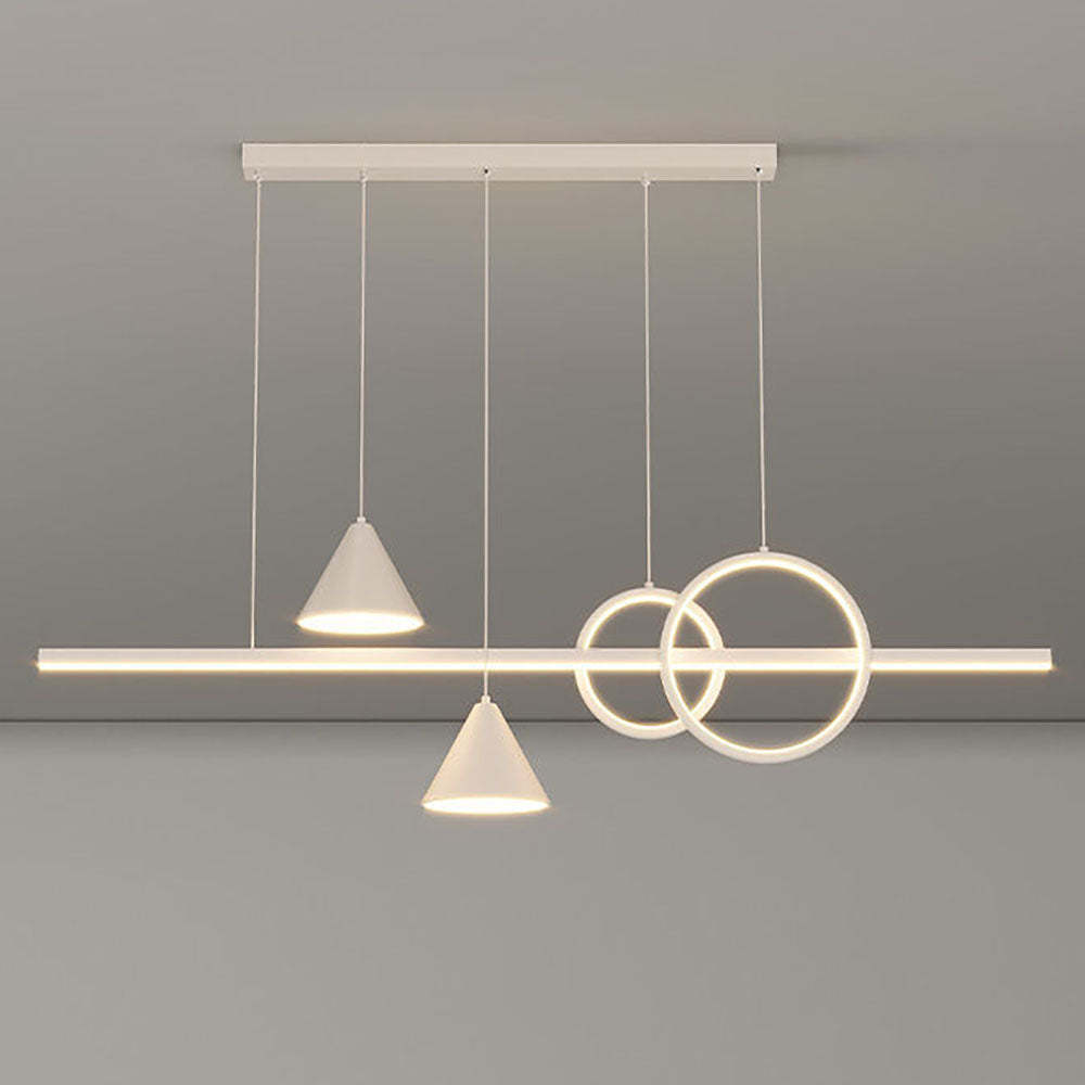 Geometric pendant light fixture with cone and ring lights, modern lighting