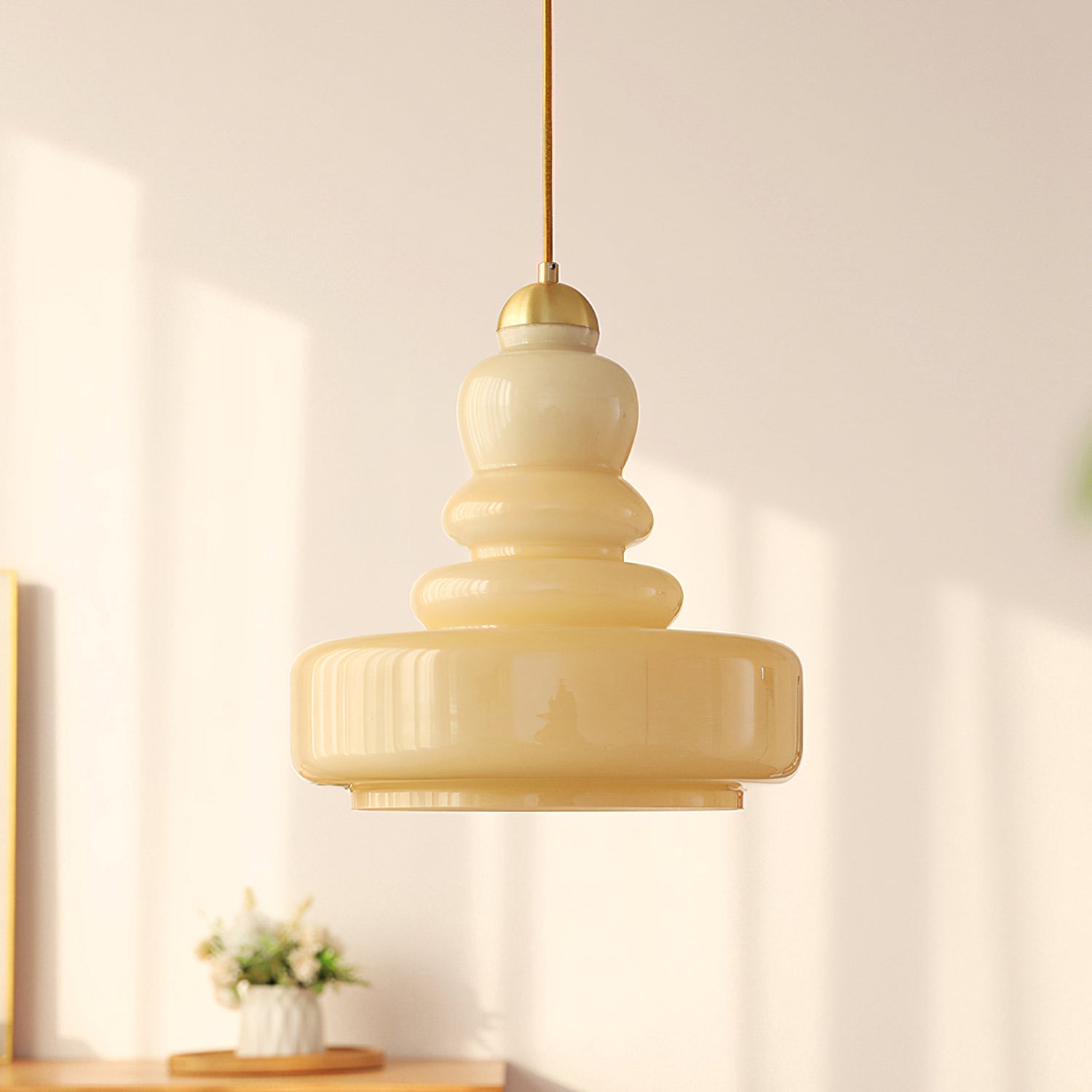 Beige glass Morandi pendant light, French modern design