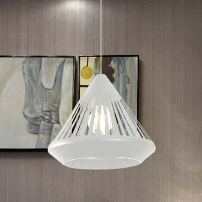 White Nazifa pendant light over artwork, modern minimalist lighting.