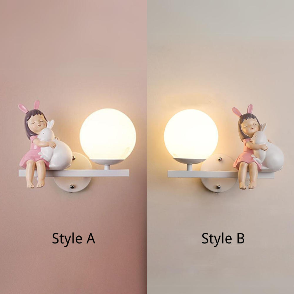 Minori Wall Sconce: Girl with rabbit and ball light, Style A & B
