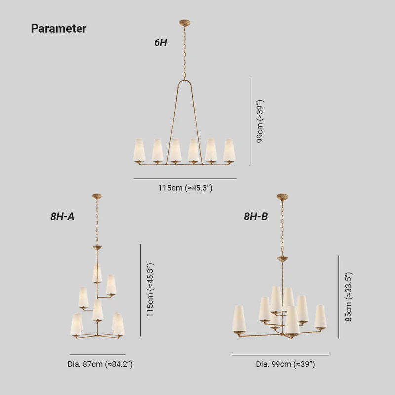 Alessio LED Chandelier Dimensions: 6H, 8H-A, 8H-B models