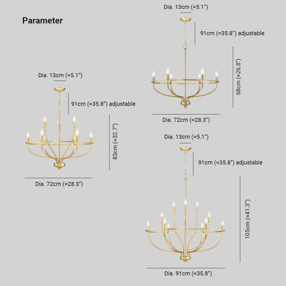 Silva Chandelier dimensions in detail, metal gold finish.