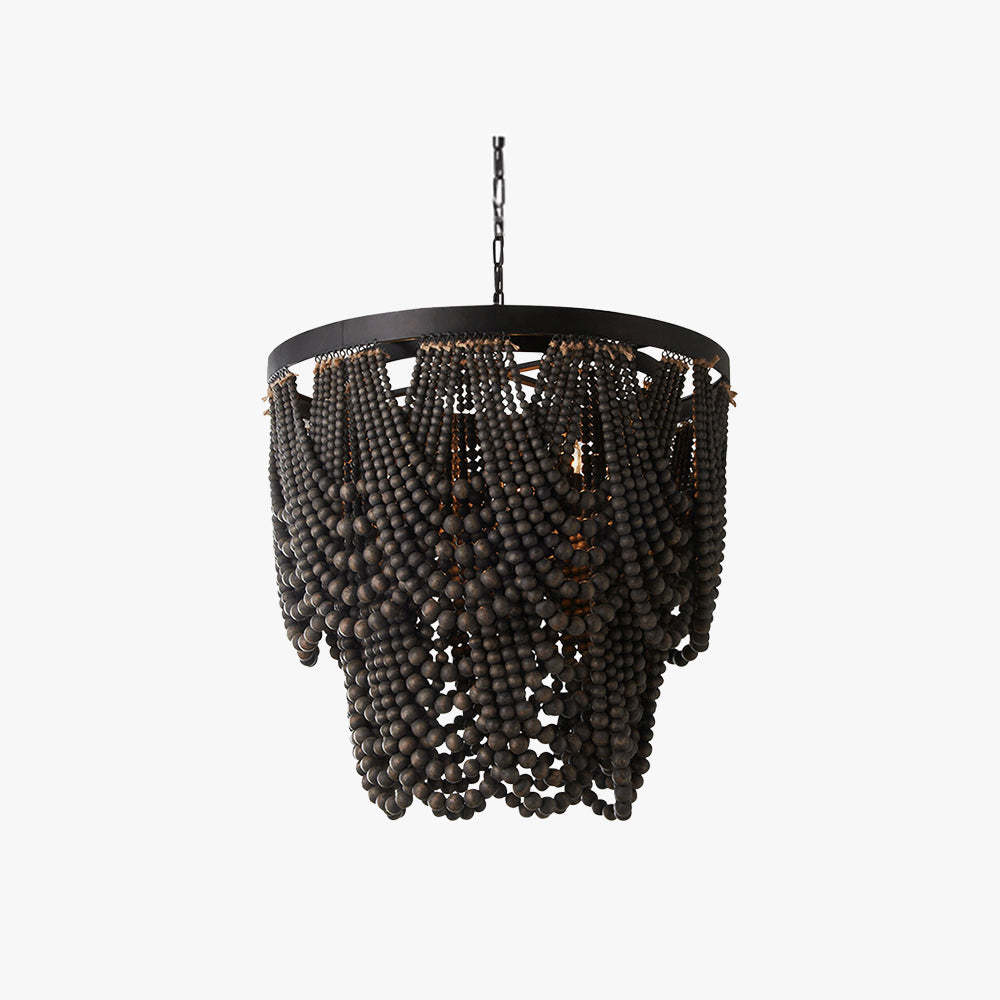 Black wood bead pendant light, Alessio Boho chandelier